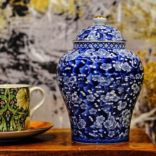BALIOS Mandarin Blue and White Porcelain Plum Blossom Ginger Jar with Lid, Decorative Ceramic Vase for Home Decor, Centerpiece Table Decoration Floral Arrangement