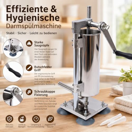 Foto von 3L Wurstfüller Manuelle Wurstmaschine, Edelstahl Vertikal Handkurbel Wurstmaschine Wurstpresse Sausage Stuffer Machine mit Edelstahlrohre Kunststoffrohre Saugnäpfe für Küche Restaurants