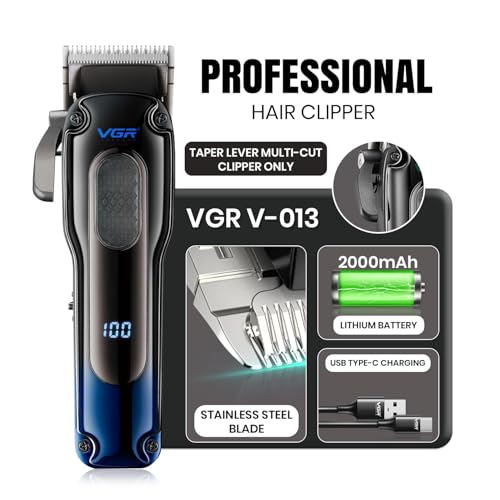 Image of VGR V-013 Professional Salon Quality Hair Clipper - 200 Minutes Runtime, 2000mAh Lithium Battery, Adjustable Taper Lever, 8 Guide Combs, LED Display (Blue)