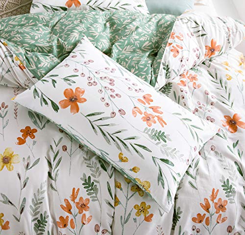 Image of SLEEPBELLA Duvet Cover Set 600 Thread Count Cotton Bedding Set (Twin, White&Green Floral)
