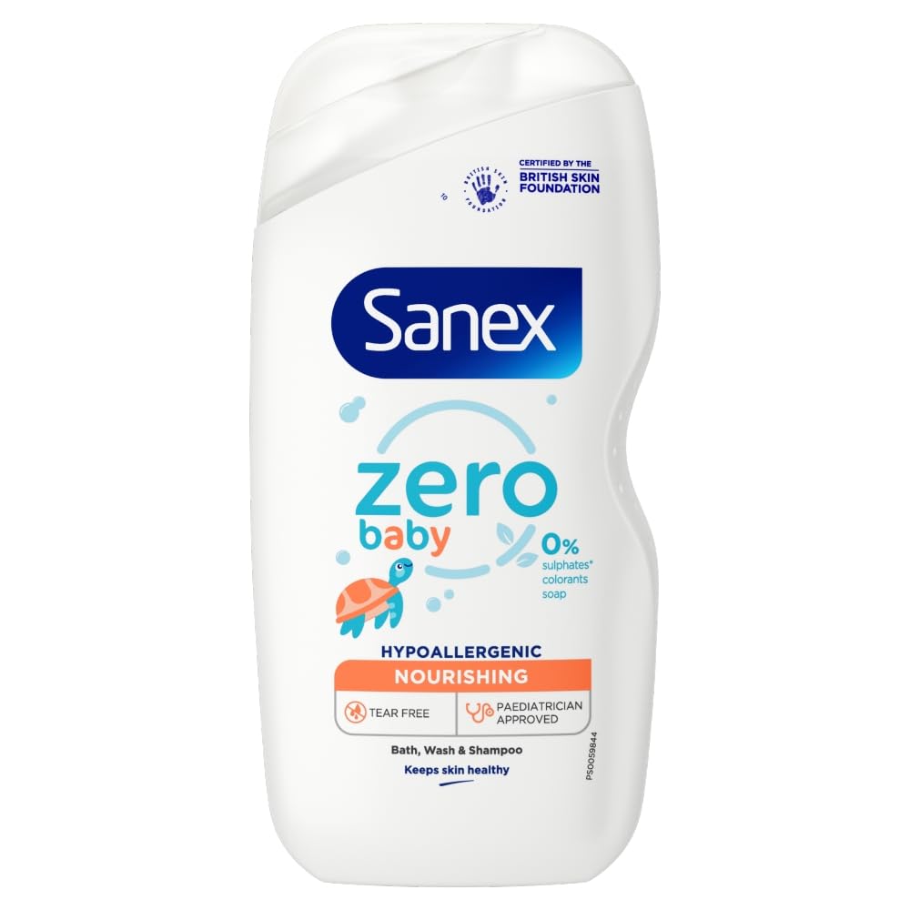 Sanex Zero% Hypoallergenic Nourishing Baby Bath Foam & Shampoo 450 ml, 0% colourants, sulphates* & soap, leaves skin feeling soft and hydrated, paediatrician approved, tear free formula