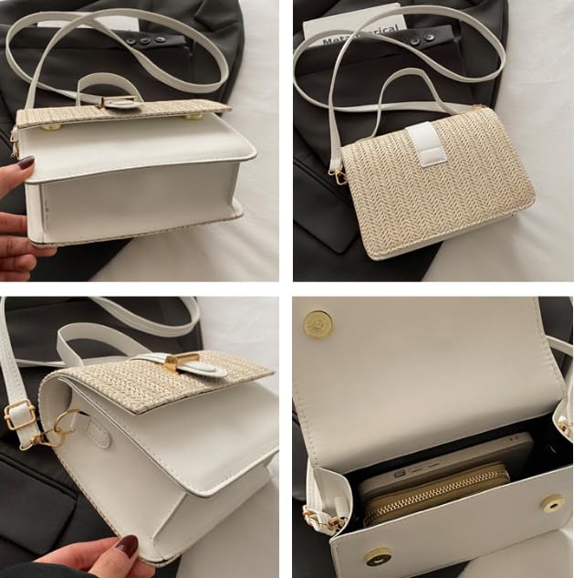 Woven Straw Crossbody Handbag, Two-Tone Design with Gold Buckle, Adjustable Strap，Simple and fashionable4