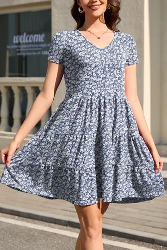 Image of nclook Womens Summer Casual Dress Sweet Cute V Neck Mini Dress with Pocket Short Sleeve