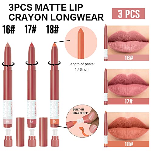 Evpct 3Pcs Nude Beige Orange Brown Matte Lipstick And Lip Crayon Stick Liner Pencil Set Sharpener Waterproof Long Lasting 24 Hours Lipstick Lip Liner Crayon Labiales Mate 24 Horas Originales 16&17&18 #TOP1