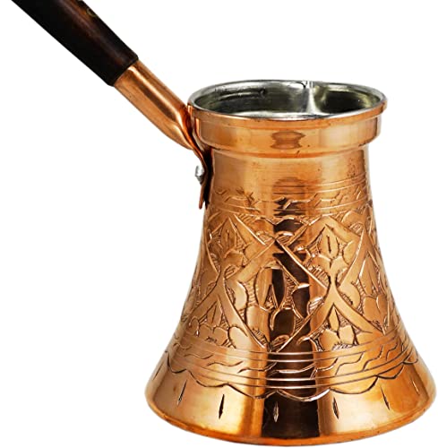 Balgin Hand Engraved and Decorated Turkish Greek Arabic Copper Coffee Pot Stovetop Coffee Maker Cezve Ibrik Briki with Wooden Handle (Type52, C/Large 12.9 Fl. oz)