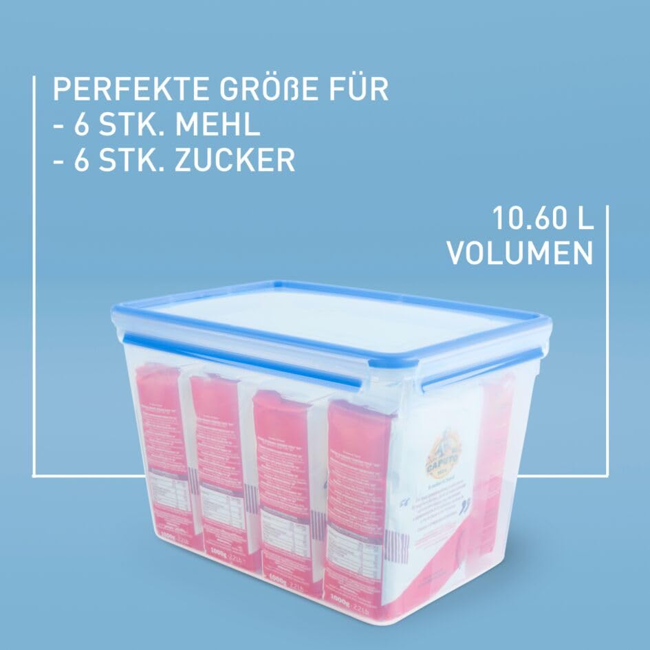 EMSA Clip & Close Frischhaltedose, rechteckig, 10,6 L, Maxiformat, Aufbewahrungsbox, 100 Prozent dicht, spülmaschinen-, gefrier-, mikrowellenfest, Transparent, Blau, Made in Germany, 508549