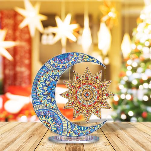 Image of AiYuanzsh Moon and Star Diamond Art Tabletop Ornament, Acrylic Double Sided Diamond Painting Desktop Kit, Mandala DIY Large Diamond Art Kits for Living Room Office Table Decor 26x29.5cm