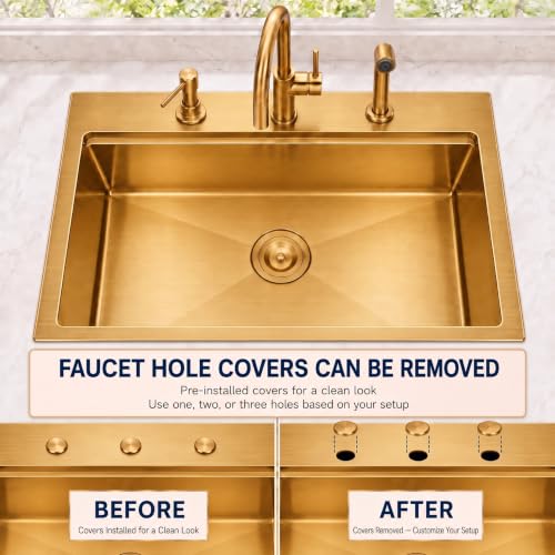Image of LQS Gold Kitchen Sink 33x22, Gold Drop In Kitchen Sink with 3 Holes, 33 Inch Large Top Mount Stainless Steel Handmade Sturdy 16 Gauge T304 with Abundant Accessories, R10 Round Corner