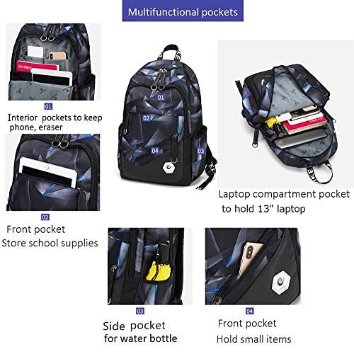 Etaishow Geometric-Print Boys Backpack For Elementary Middle School Kids Bookbag School Bag For Teens Black Blue #TOP4