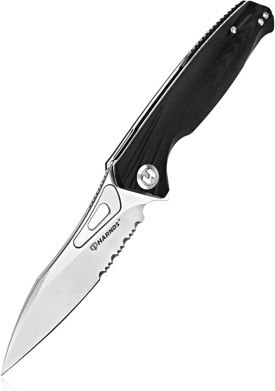 Harnds Falcon Pocket Knife with BOHLER K110 Steel Folding Knife with G10 Handle (Black+Stonewash)