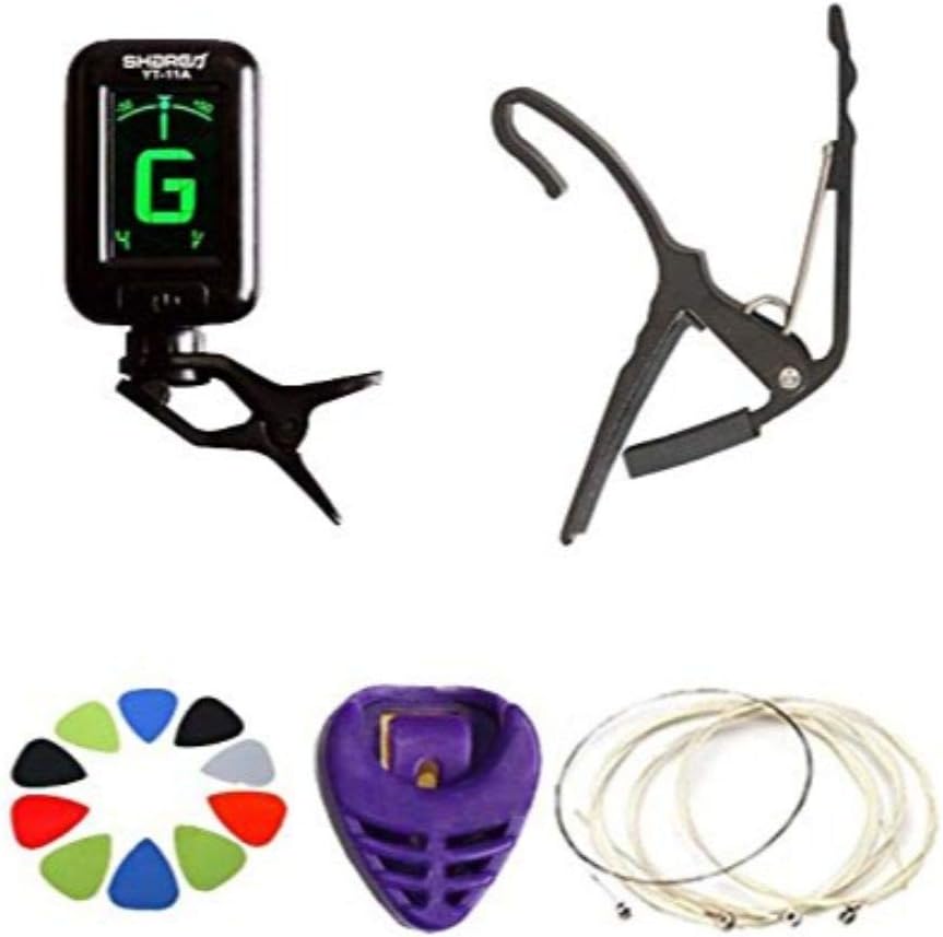 Cola Music Combo For Guitar Includes - Pick Holder,10 Picks, Guitar Strings Set Full Pack, Guitar Tuner, 1 Guitar Capo