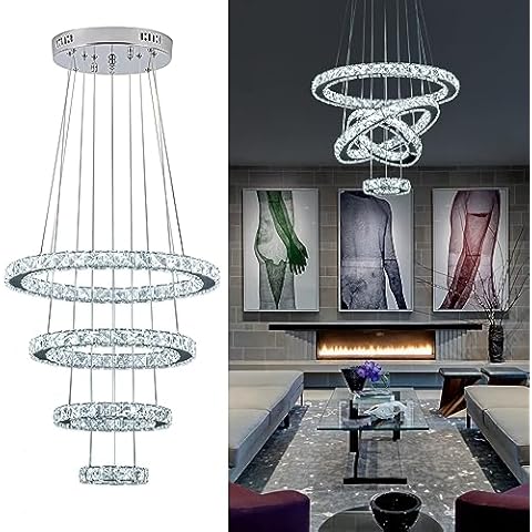 KKMYWAN Modern Crystal Chandelier, Dimmable 4 Rings LED Chandelier Round Ceiling Pendant Light Fixture with Remote for Dining Room Bedroom Entryway, 3000K/4000K/6000K Cover