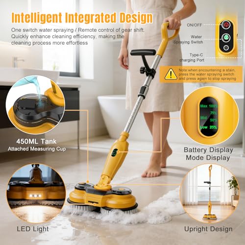 Cordless Electric Mop for Dewalt 20V Battery (NO Battery), 2 in 1 Spin Mop & Electric Floor Scrubber Machine with LED Light & Water Spray, 800 RPM Rotating Electric Mops for Floor Cleaning (Yellow)