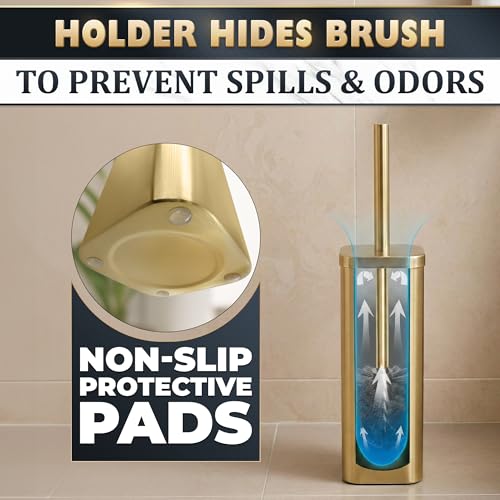 Image of Gold Toilet Brush with Square Holder - Toilet Brush and Holder Set Gold, Stainless Steel Handle with Splash Shield, Replaceable Head and Removable Inner Cup - Freestanding Bathroom Toilet Cleaning Set