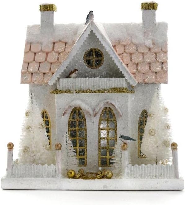 Cody Foster and Co Wintery White and Pastel Pink Christmas Village Cottage House, Multicolor