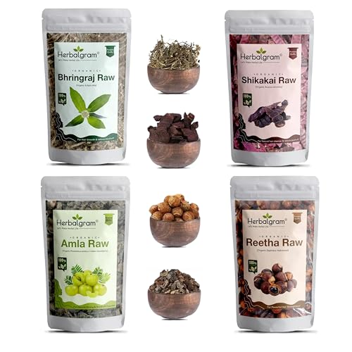 Image of Herbalgram Amla Reetha Shikakai Bhringraj 400gm Raw Dried Flowers and Leaves Whole for Hair Care & Shine Pure Combo Pack of 4 x 100gm Each