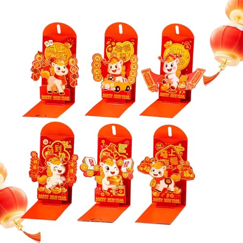 Embossed Luccky Packets, Portable Horse Red Envelopes Set, 6.69x3.54inch 6 Pieces Money Holders with Foil, Textured Paper Gift P
