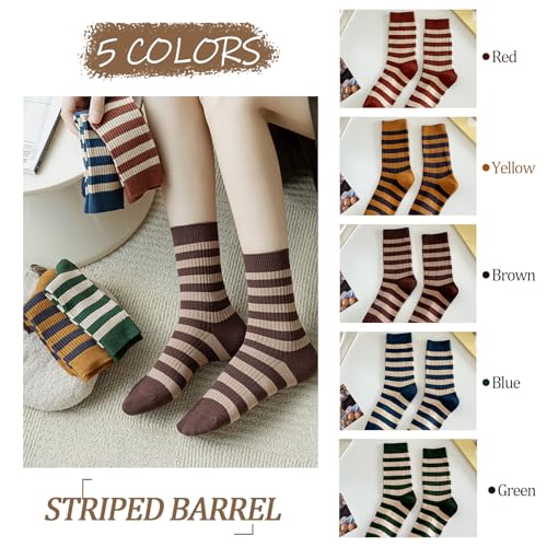Image of 5 Pairs Vintage Style Colorful Striped Socks for Women, Cute Athletic Crew Socks