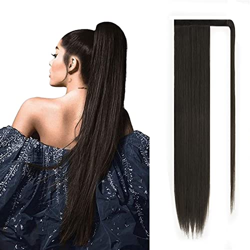 JJstar Postiche Queue de Cheval Extnsion Cheveux 70cm Longue Raides Wrap Around Extension Fausse Queue de Cheval a Clip pour Femmes Fille Rajout Cheveux(Noir Brun)