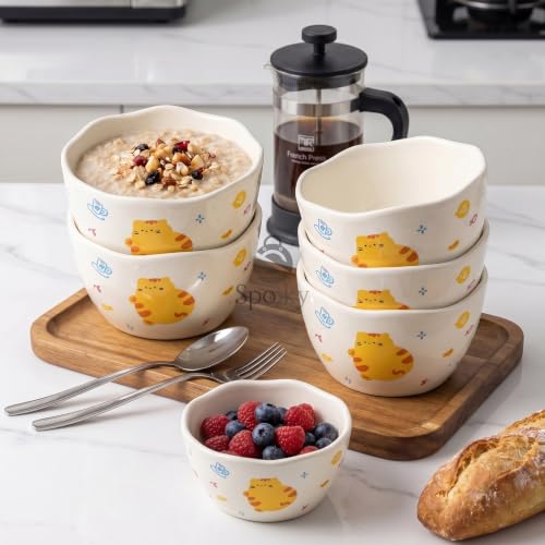 Image of Spooky Cute Ceramic Cereal & Soup Bowls (420ml) | Bowls with Top Waving Design | Microwave Safe Serving Bowls for Ramen, Noodles, Salad, Rice & Breakfast | Katori /Bati /Pyala (Set of 4, Yellow Cat)