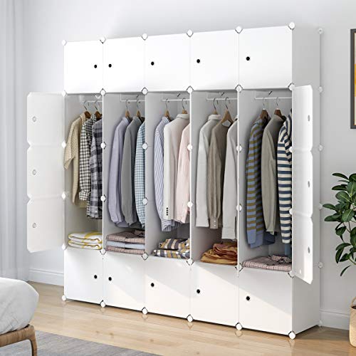 KOUSI Portable Wardrobe Closets 14\"x18\" Depth Cube Storage, Bedroom Armoire, Storage Organizer with Doors, 25 Cube, White