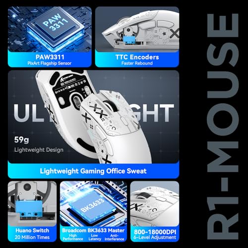 Image of ATTACK SHARK R1 Wireless Gaming Mouse,59g Lightweight Tri-mode BT5.2 /2.4GHz /Wired Computer Mice, PixArt PAW3311 18K DPI Optical Sensor,Programmable Buttons,Long Battery Life Mouse for PC /Mac (White)