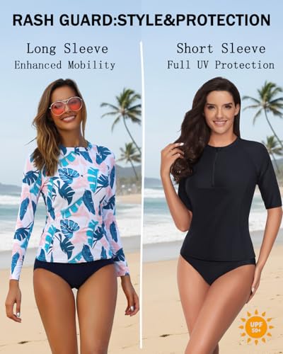 Daci Women Pink Blue 2 Piece Rash Guard Long Sleeve Zipper Bathing Suit with Bottom Built in Bra Swimsuit UPF 50 L - Thumbnail 4
