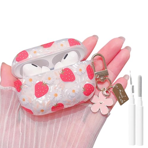 Image of MINSCOSE for Cute Glitter AirPods Pro /Pro 2 Case,Shell Pattern Girly Strawberry Design with Trendy Floral Keychain,Soft TPU Protective Cover with Cleaner Kit for Girls Women for AirPods Pro /Pro 2-Red