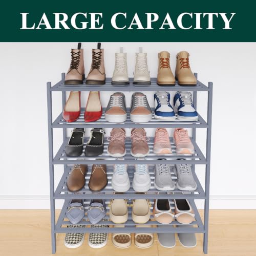 Image of Smiry Bamboo Shoe Rack, 5 Horizontal Slats, 5 Tier - 26.8 inch Wide, Grey
