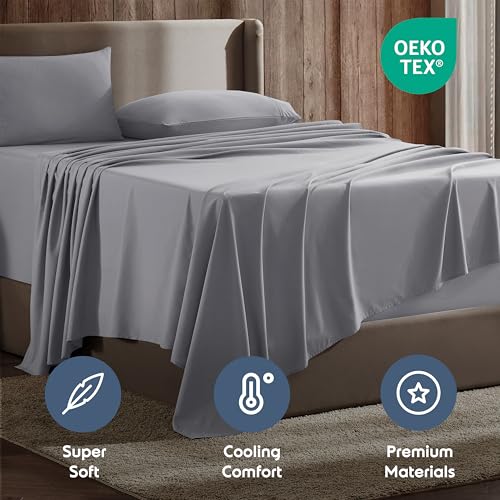 Image of Nestl Queen Bed Sheet Set - Grey - 4-Piece Deep Pocket | Instantly Soft, Night-One Ready (No Wash Required). Fits 16-Inch Deep Pockets, 360-Degree Elastic Grip