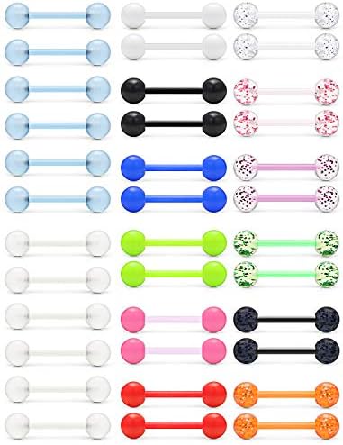 36Pcs 14G Glow in Dark Flexible Acrylic Straight Tongue Barbell Nipple Ring Retainer Piercing Jewelry for Women Men 16mm Bar