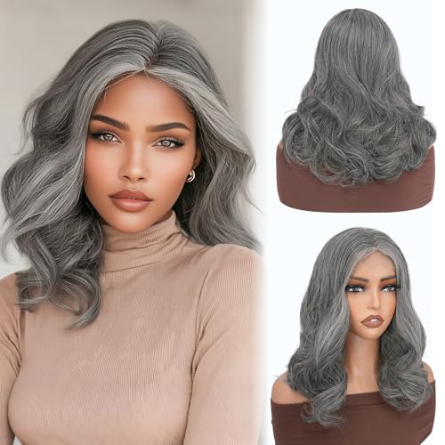 Sidaila 14 Inch Middle Part Wavy Wig for Women, Natural Hairline Small Lace Front, Soft Yaki Mixed