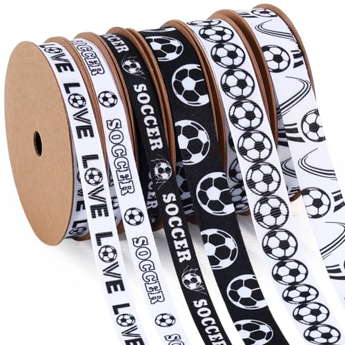 LaRibbons Soccer Ribbon Set 6 Rolls 30 Yards Total White Black Sports Themed Craft Ribbons for Soccer Party Decorations Hair Bows Gift Wrapping DIY Sewing Supplies