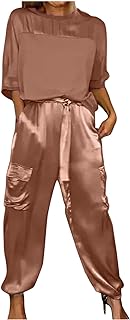Verano de dos piezas para mujer, camiseta y pantalones, traje holgado de satén, traje de casa con cordón, cuello redondo, transpirable, ligero, conjunto de muselina Y2K color sólido