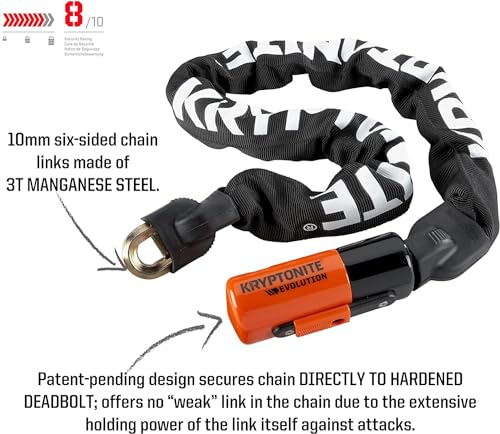 Kryptonite Evolution Mini Bike Chain Lock, 3 Feet Long 10mm Steel Chain Heavy Duty Anti-Theft Sold Secure Gold Bicycle Chain Lock with Keys for Bike, Motorcycle, Scooter, Bicycle, Door, Gate, Fence