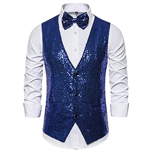 Mens Sequin Vest with Bowtie, V-Neck Shiny Suit Vest Formal Sparkly Waistcoat Jacket for Tuxedo Prom Party2