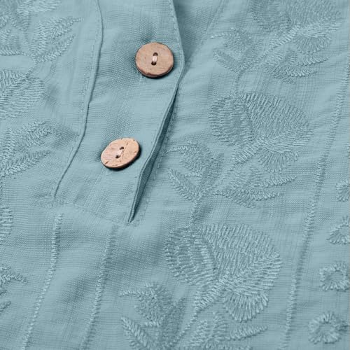 Linen Tops for Women Embroidered Cotton Gauze Shirts Loose Peasant Blouses Dusty Blue L - image 4
