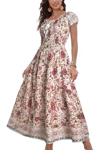 Image of OSTOO Women's Floral Maxi Dress Boho Summer Short Sleeve Smocked Waist Tiered Long Dress