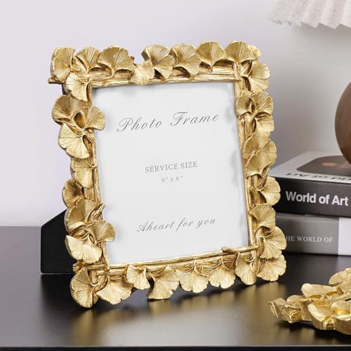 Vintage Picture Frame 6x6 Gold Frames, Gold Ornate Leaf Textured Hand-Crafted Resin with Glass Front Antique Photo Frame for Tabletop Display, Retro Design Home Decor