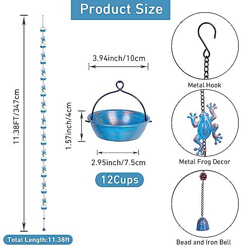 giole Rain Chain, 11.4FT Frog Rain Chains with 12 Cups, Functional and Decorative Replacement Downspout Rain Chains for Outside