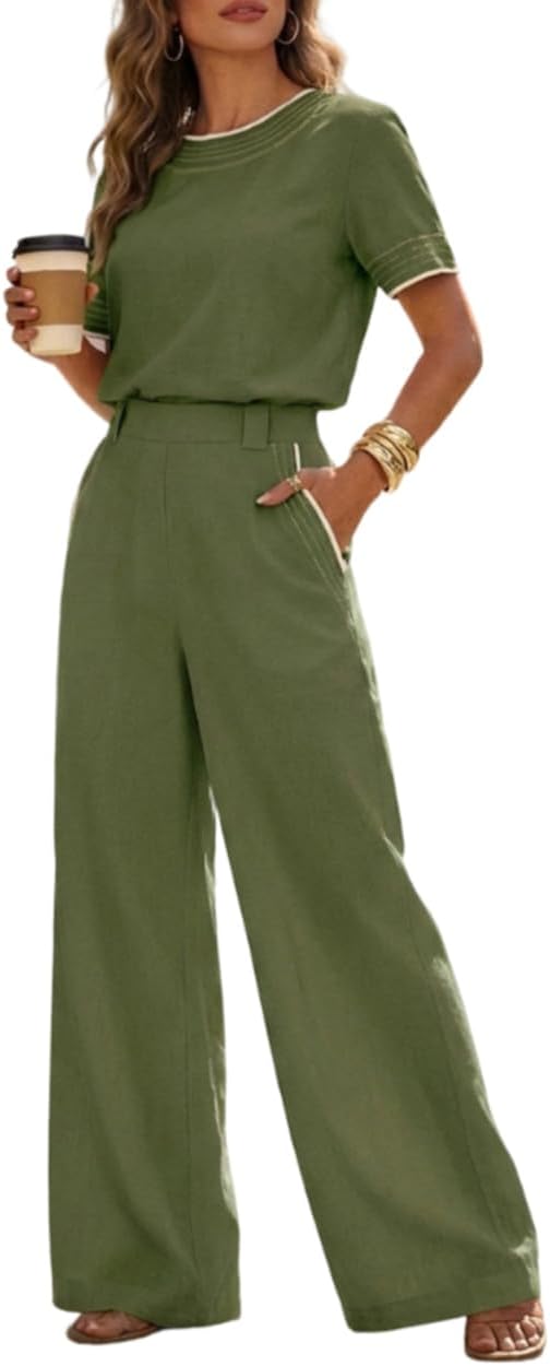 CHICME Two Piece Sets for Women Summer Outfits Short Sleeve Top Wide Leg Pants Set Elastic Waist Casual Work Vacation