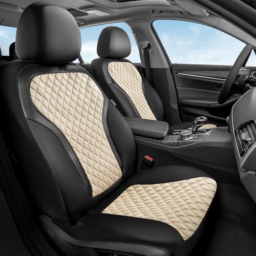 Image of Coverado Front Seat Covers, 2-Pack Luxury Diamond Leather Car Seat Cover with Carbon Fibre Weave Design, Waterproof Car Seat Protectors, Black&Beige Driver Seat Covers Universal Fit for Cars Trucks