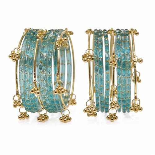 Image of Kashmiri Ghangharoo Glass Bangle Set for Women| Light Weight Bangles | Traditional Transparent Fancy Glass Chudi Set for Wedding, Party|Set Of 16(12 Glass + 4 ghungroo bangles)