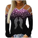 Langarmshirt Damen, Damen Bluse mit Glitzer Modisches Schulterfrei Langarmshirt Oberteile Tops Sexy Longarmshirt Elegant Sweatshirt Diamant Glitzer Druck Langarm Shirt Pullover Mode Schlank