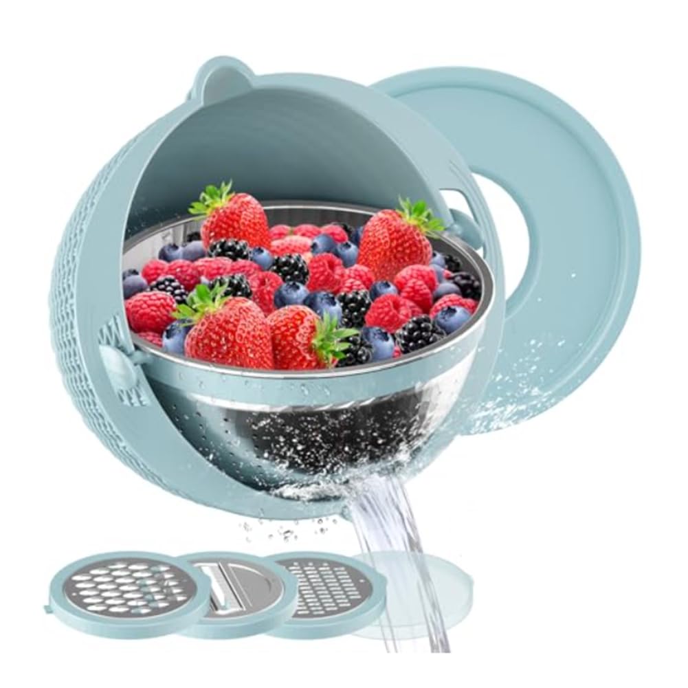 Lwaviwer Blue Colander With Mixing Bowl Grater Set Colander Bowl Fruit Strainer Bowl Colanders&Food Strainers Rotatable Kitchen Bowl-B