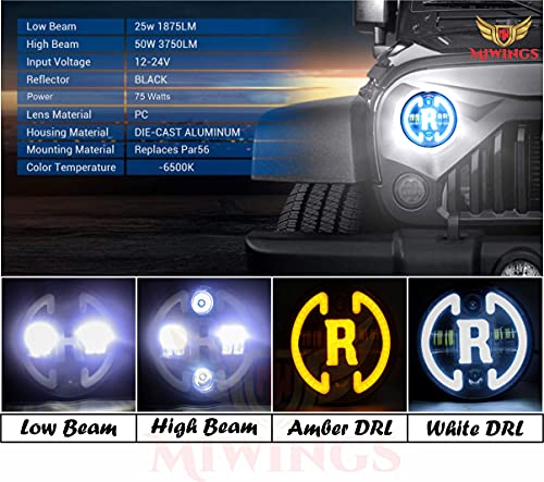 Image of Miwings 7 inch Round LED R Stylish Hi /Low Beam 75W H4 Headlight Compatible with Royal Enfield, Jeep, Thar, Motorcycle, Cars, Harley Davidson (Color Amber & White)
