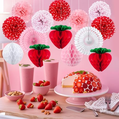 Image of 16 Pcs Strawberry Birthday Decorations - Tissue Pom Poms, Honeycomb Ball, Garland & Fans for Berry Sweet Baby Shower, Strawberry Shortcake Birthday Decorations and Girls Party Supplies