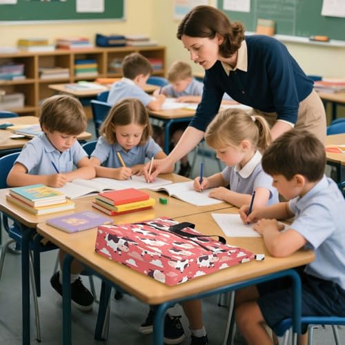 Decorative Kid Tote Bag for Boys Girls Women, Flying Cow Pink Heart Waterproof Library Book Bag Handbag with Zipper Pockets for School and Playtime Rainbow de tela para4