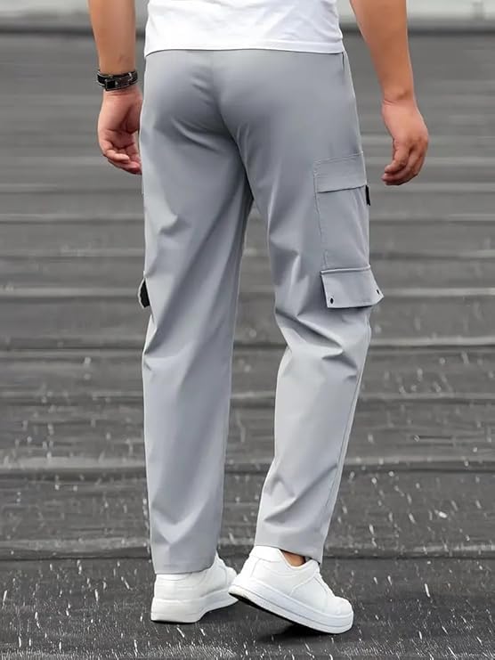 Image of Men's Black Lycra Cargo Jogger Pants | Slim Fit Stretchable Track Pants with Multiple Pockets | Elastic Waist Casual Streetwear Trousers for Men
