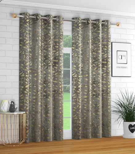 FABREEVA Heavy Velvet Fabric Luxury Attractive Looks Room Darkening Floral Foil Designer Curtains 12 Feet for Extra Long Door, Grey, Pack of 4 Pieces Deal